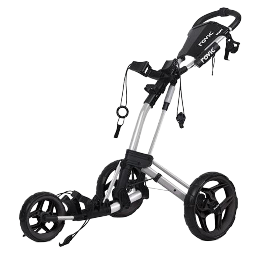 Silver and black golf push cart with &#39;Rovic&#39; branding on a white background