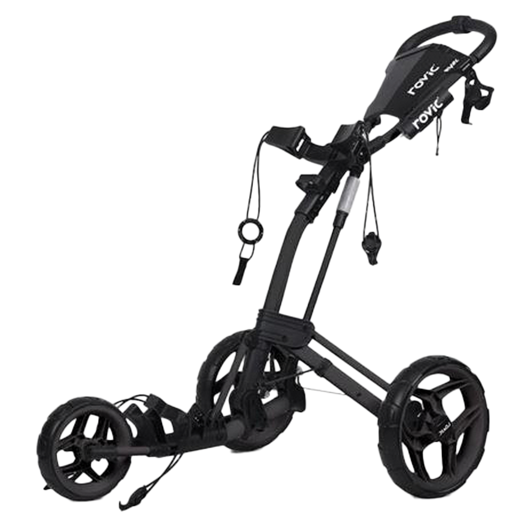 Black golf push cart with &#39;Rovic&#39; branding on a white background