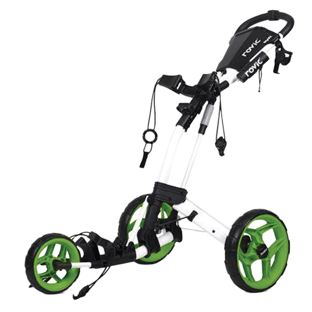 Green and black golf push cart on a white background