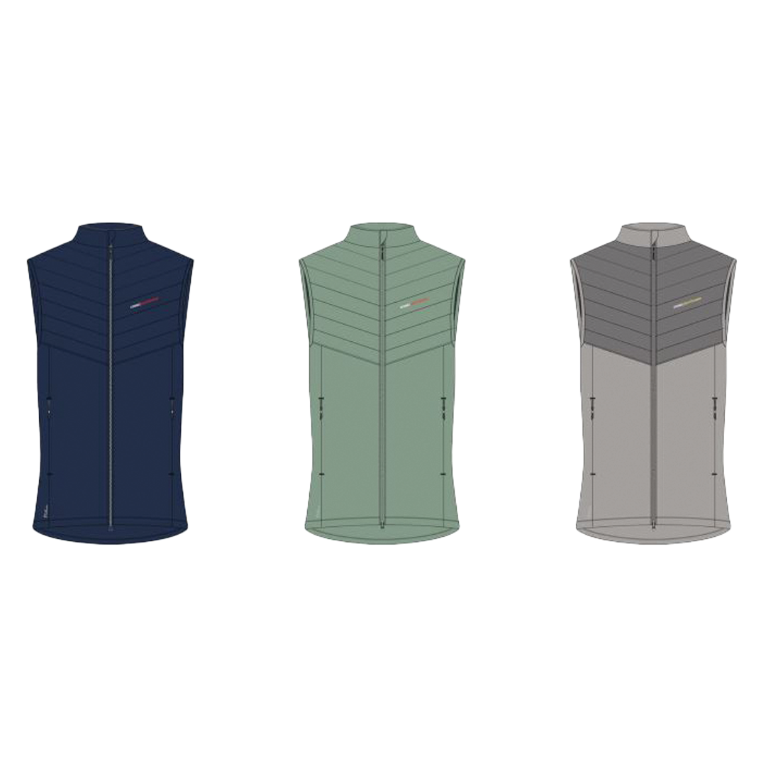 Three vests in different colors on a white background
