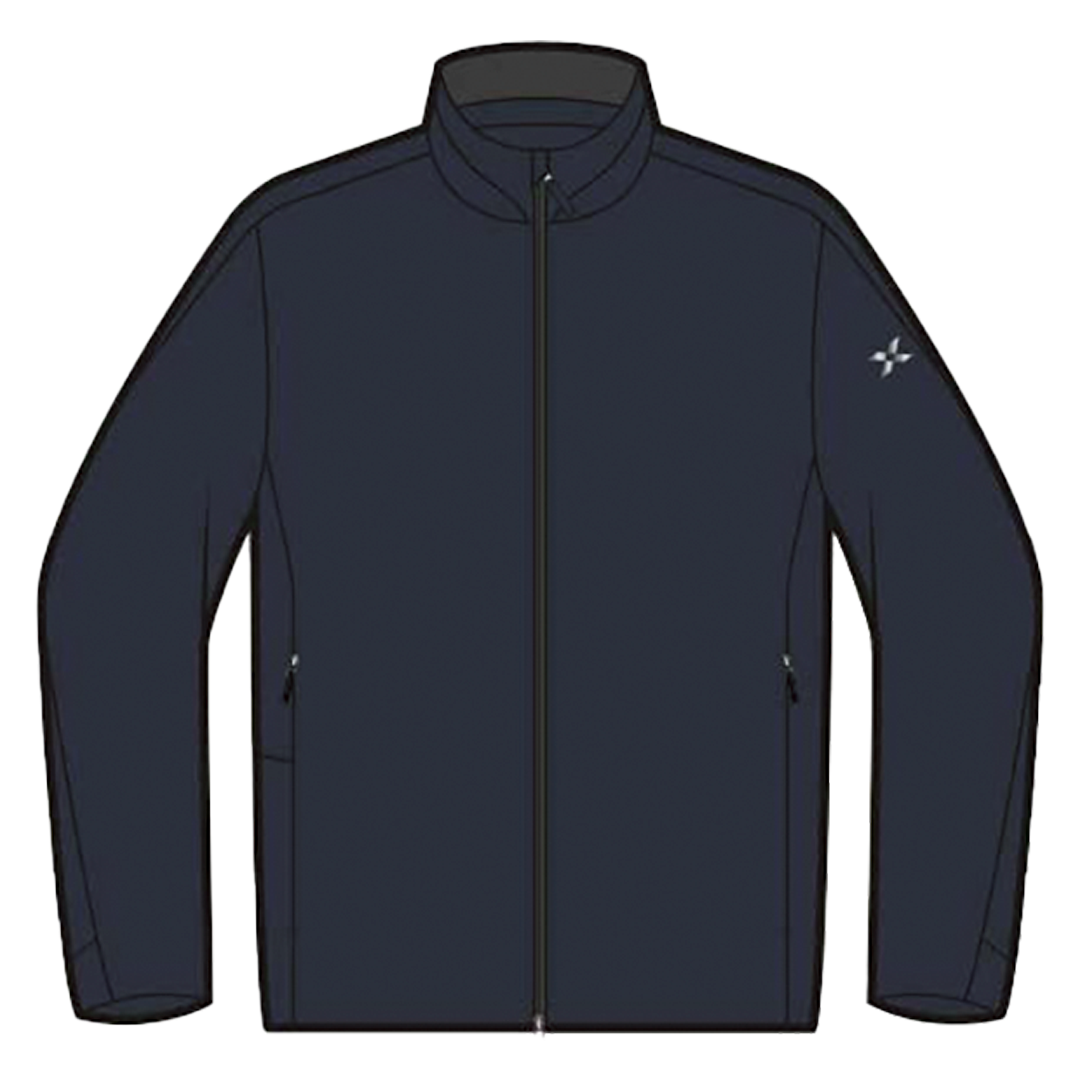 Navy blue jacket with a brand logo on a white background