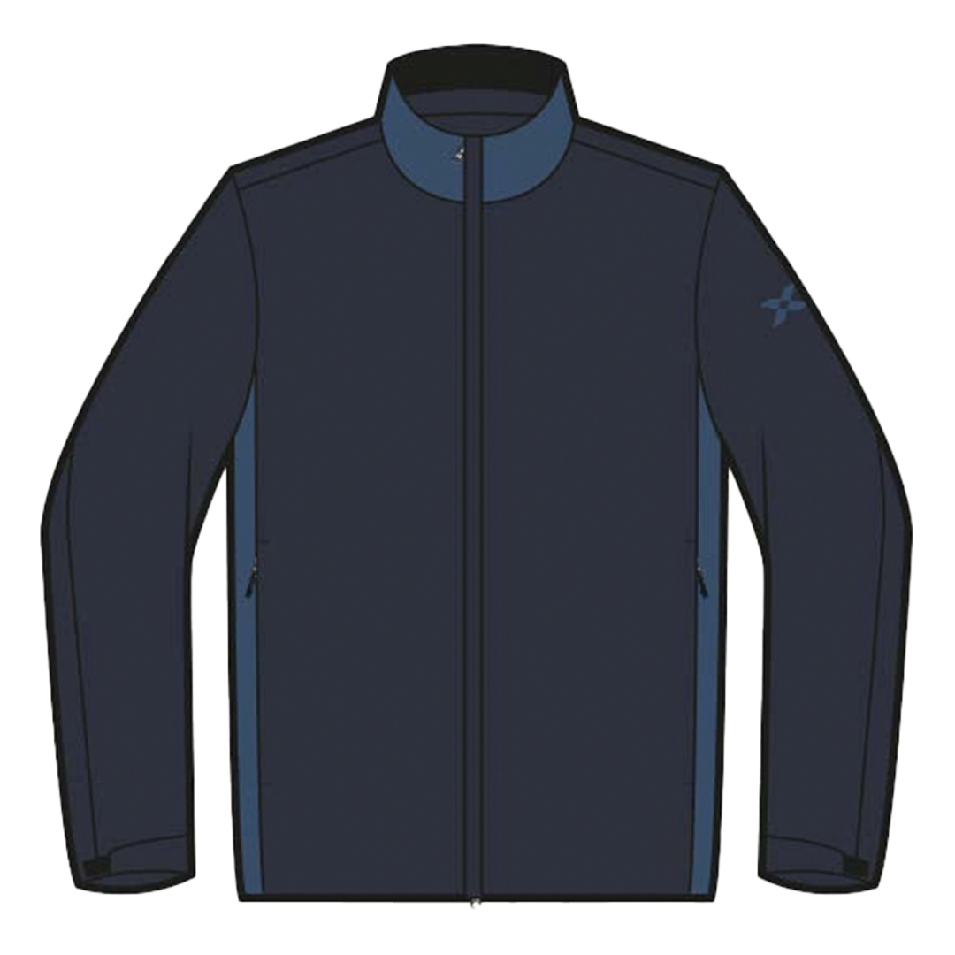 Dark blue jacket with a brand logo on a white background