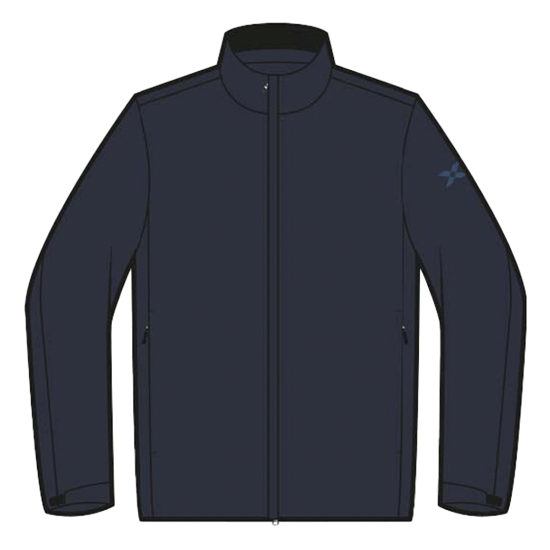 Dark blue jacket with a brand logo on a white background