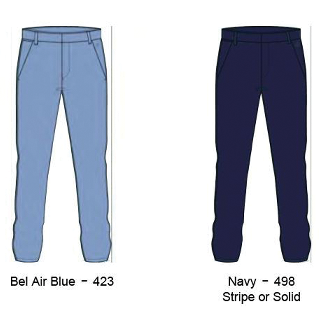 Two pairs of pants, one blue and one navy, on a white background with color codes below.