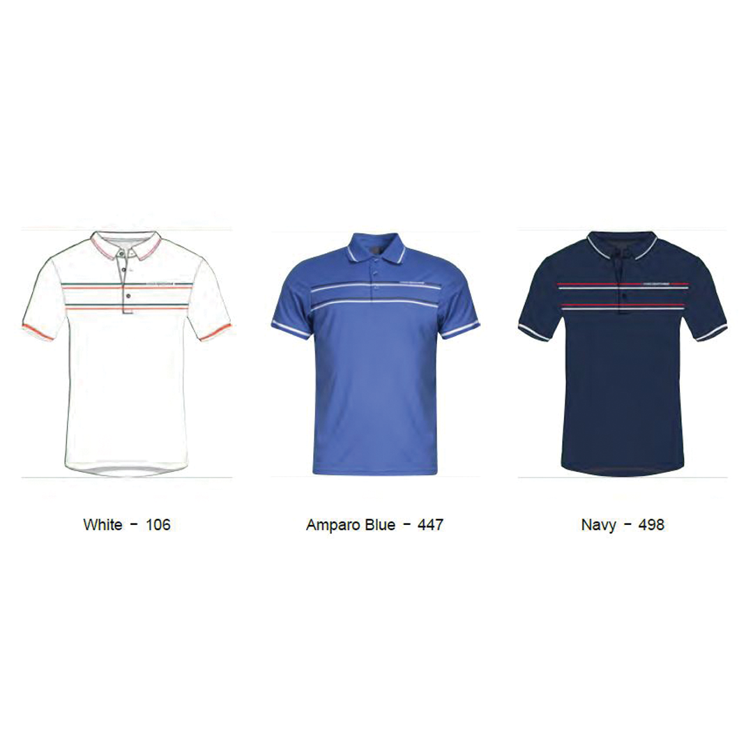 Three polo shirts in white, Amparo Blue, and Navy with color swatches below.