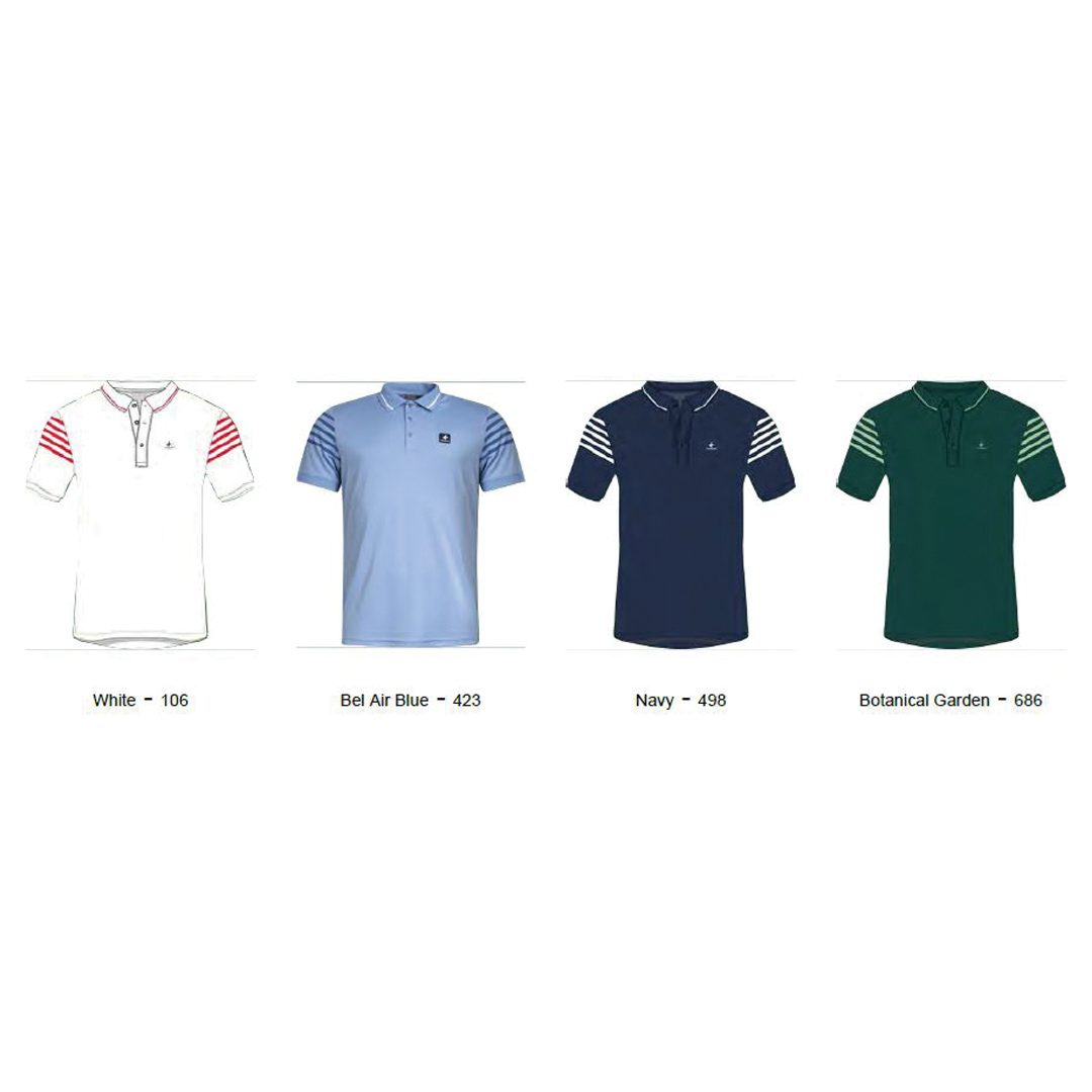 Four polo shirts in different colors with color swatches and numbers below each.