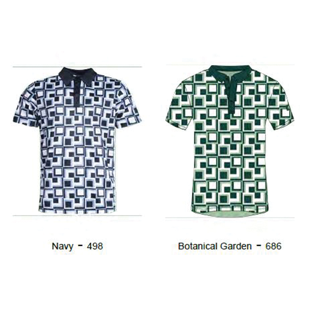 Two polo shirts with geometric patterns, one navy and one green and white, on a white background.