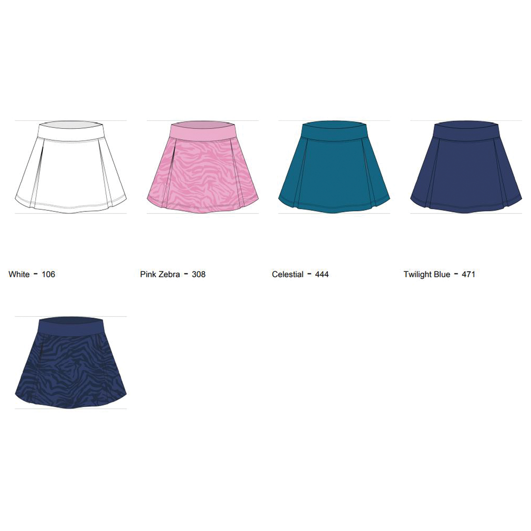 Color swatches of a skirt in white, pink, blue, and dark blue on a white background.
