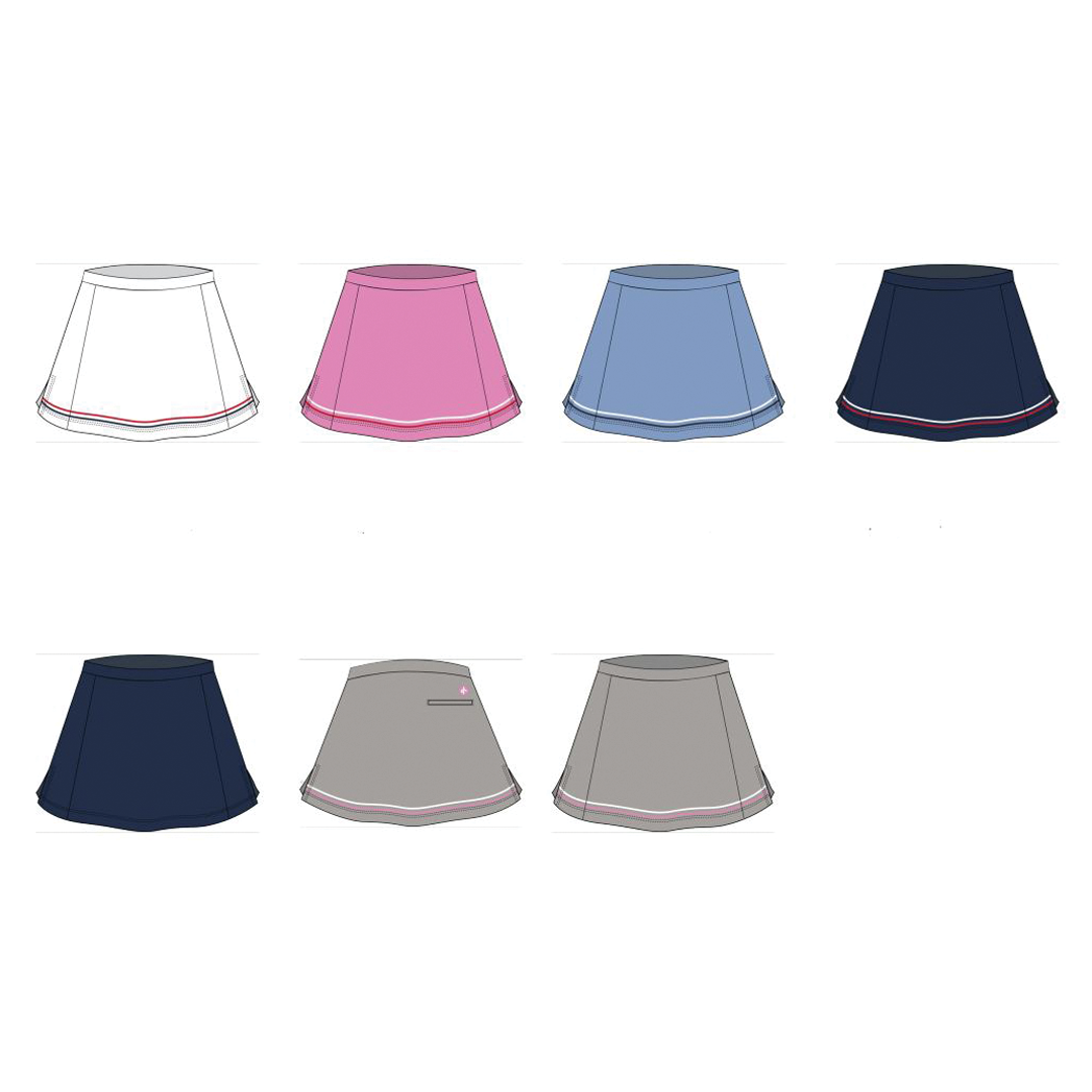 Set of eight different colored skirts on a white background