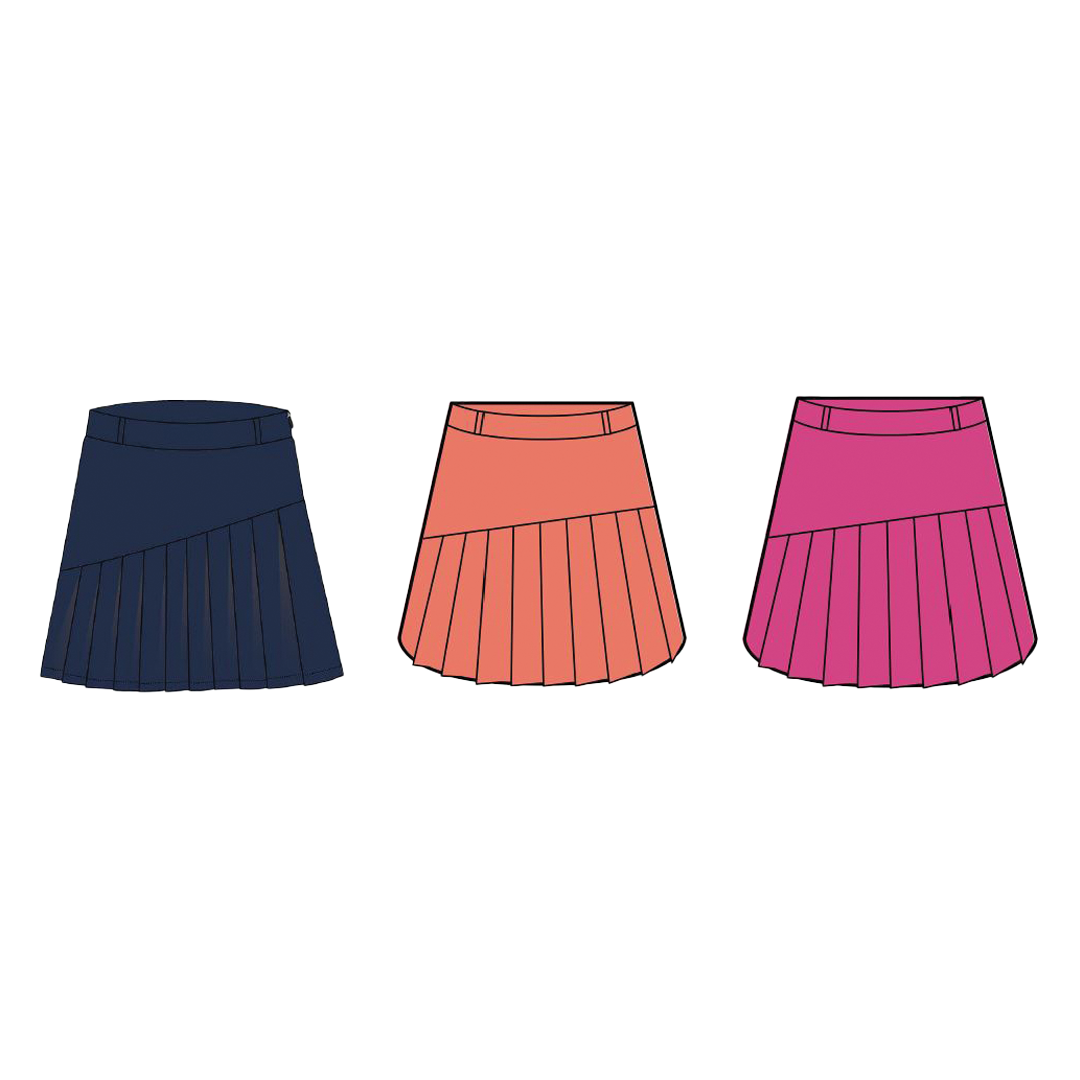 Three pleated skirts in navy, orange, and pink on a white background