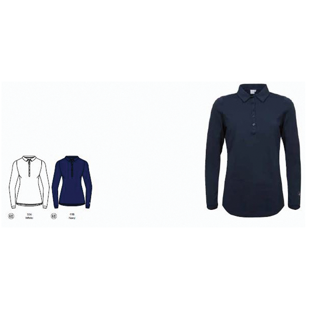 Navy blue shirt on a white background with size chart on the left.