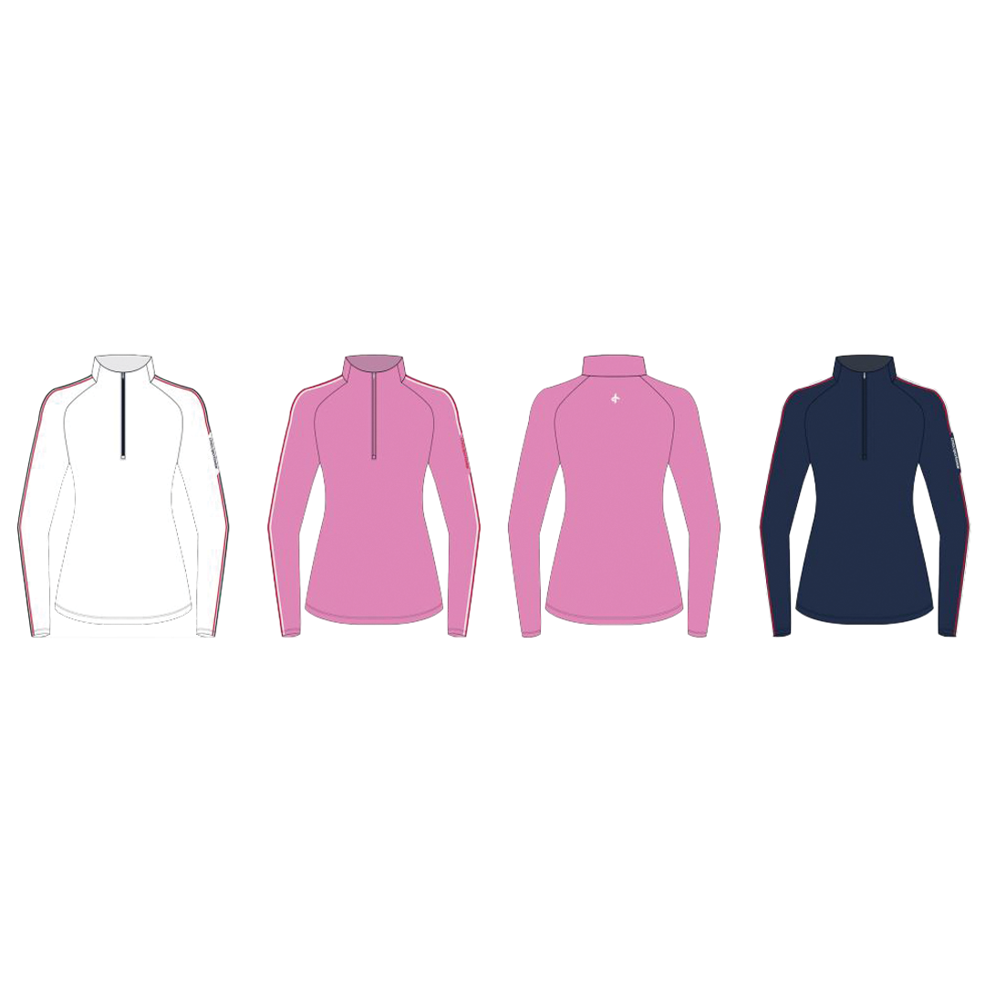 Four long-sleeve shirts in different colors on a white background