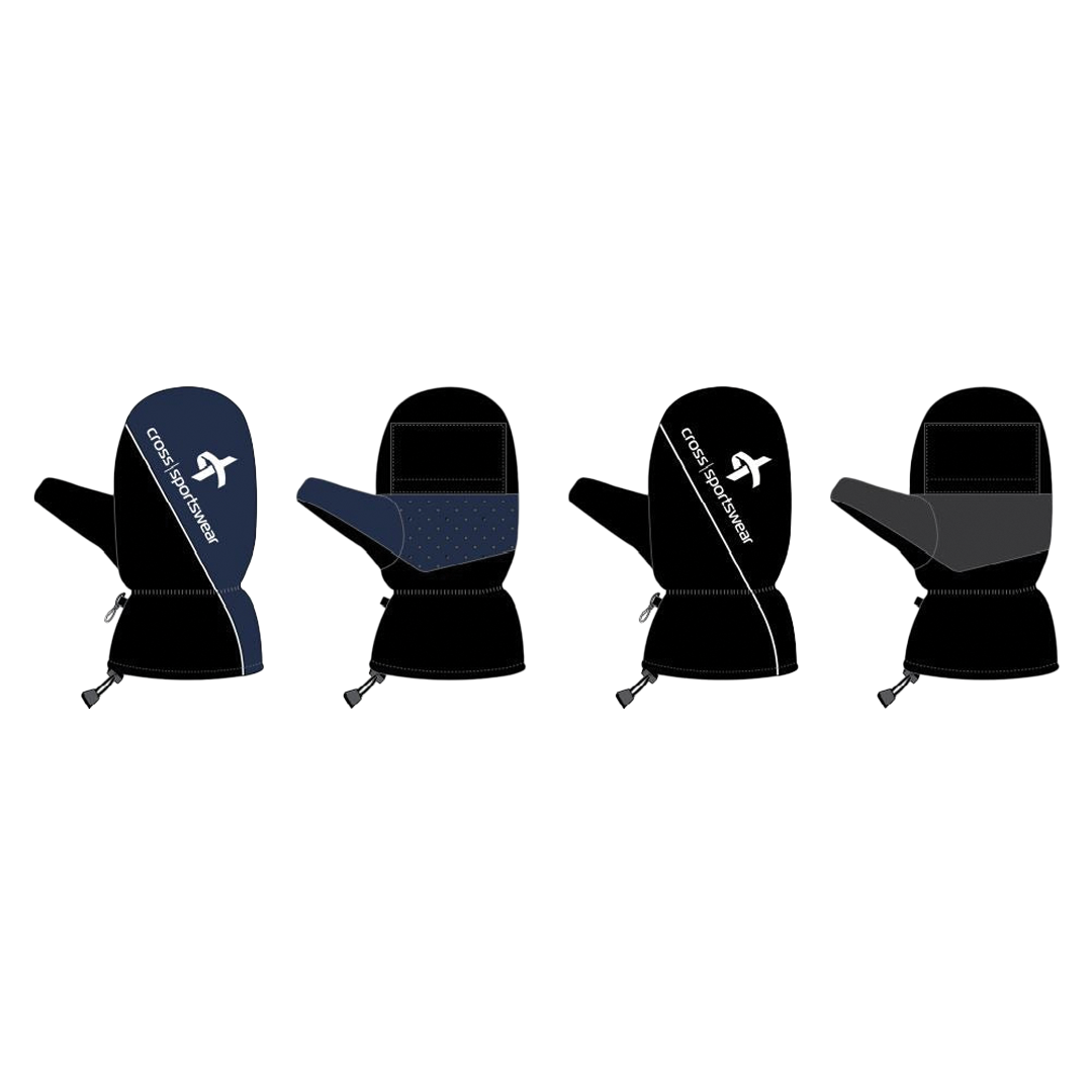 Four pairs of black and gray mittens with a brand logo on a white background