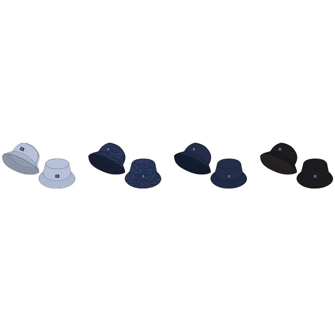 Set of bucket hats in various colors on a white background