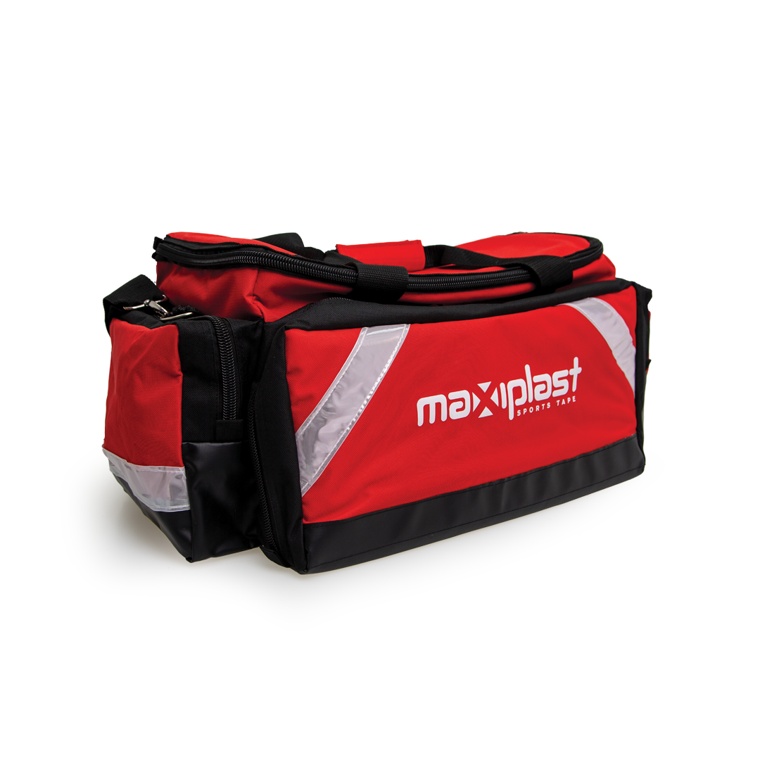 Red sports bag with black accents and 'maxiplast' branding on a white background
