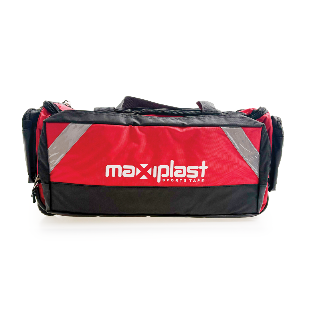 Red and black sports bag with 'maxiplast' branding on a white background