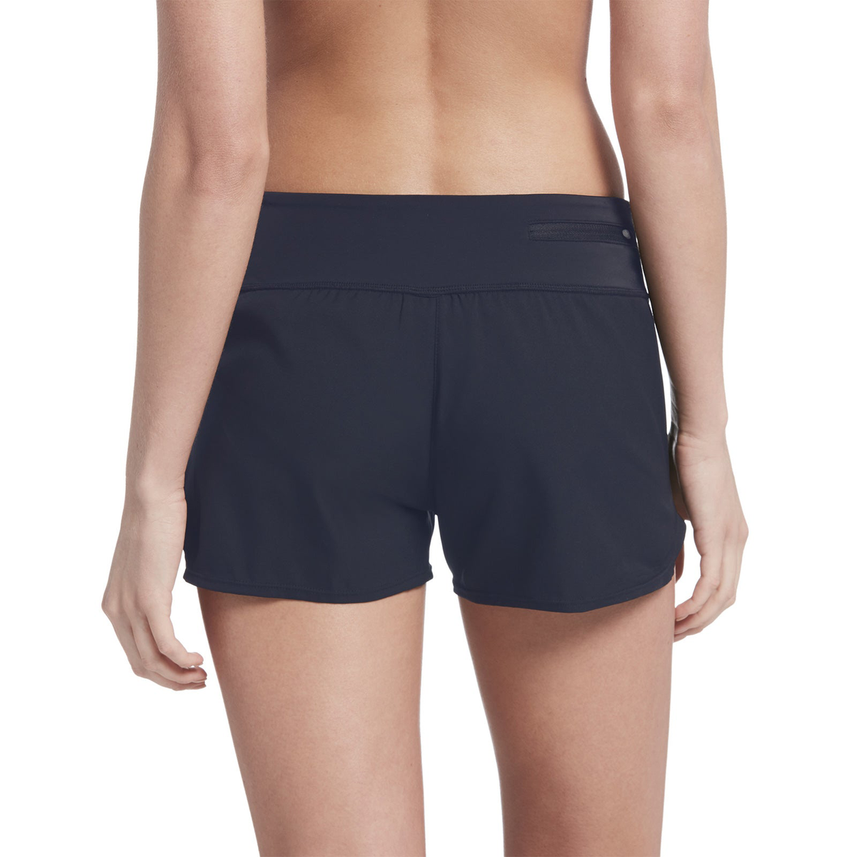 Navy blue athletic shorts worn by a person on a white background