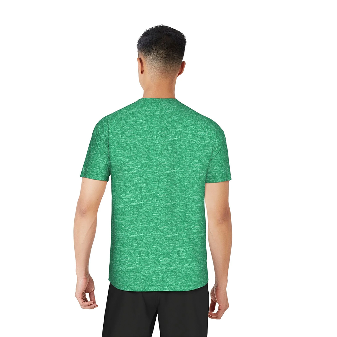 Person wearing a green athletic shirt on a white background