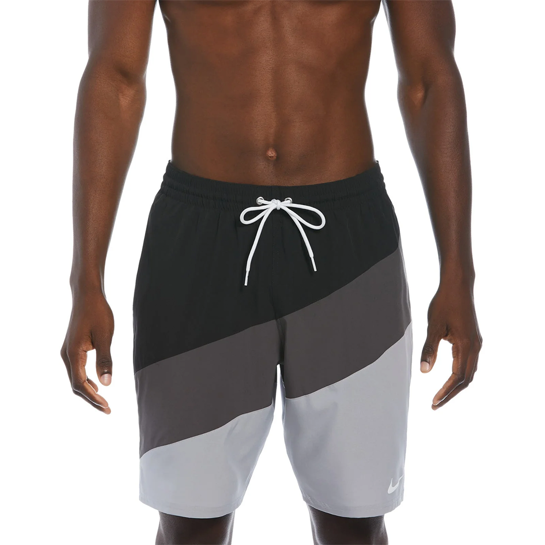 Black, gray, and white swim shorts with a drawstring on a white background