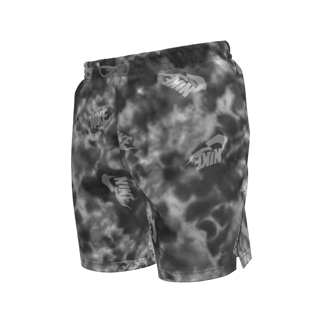 Black and gray tie-dye Nike shorts on a white background