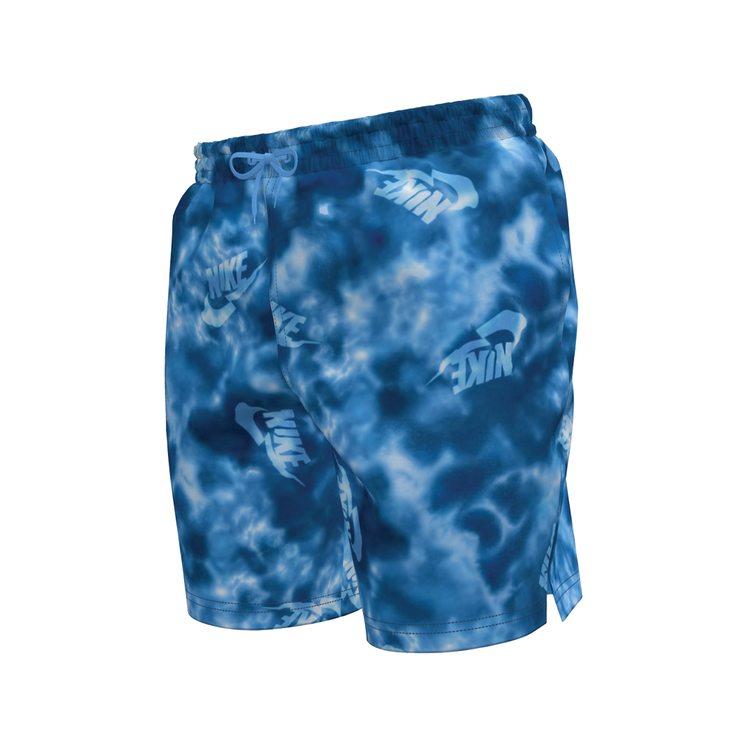 Blue tie-dye shorts with Nike logo on a white background