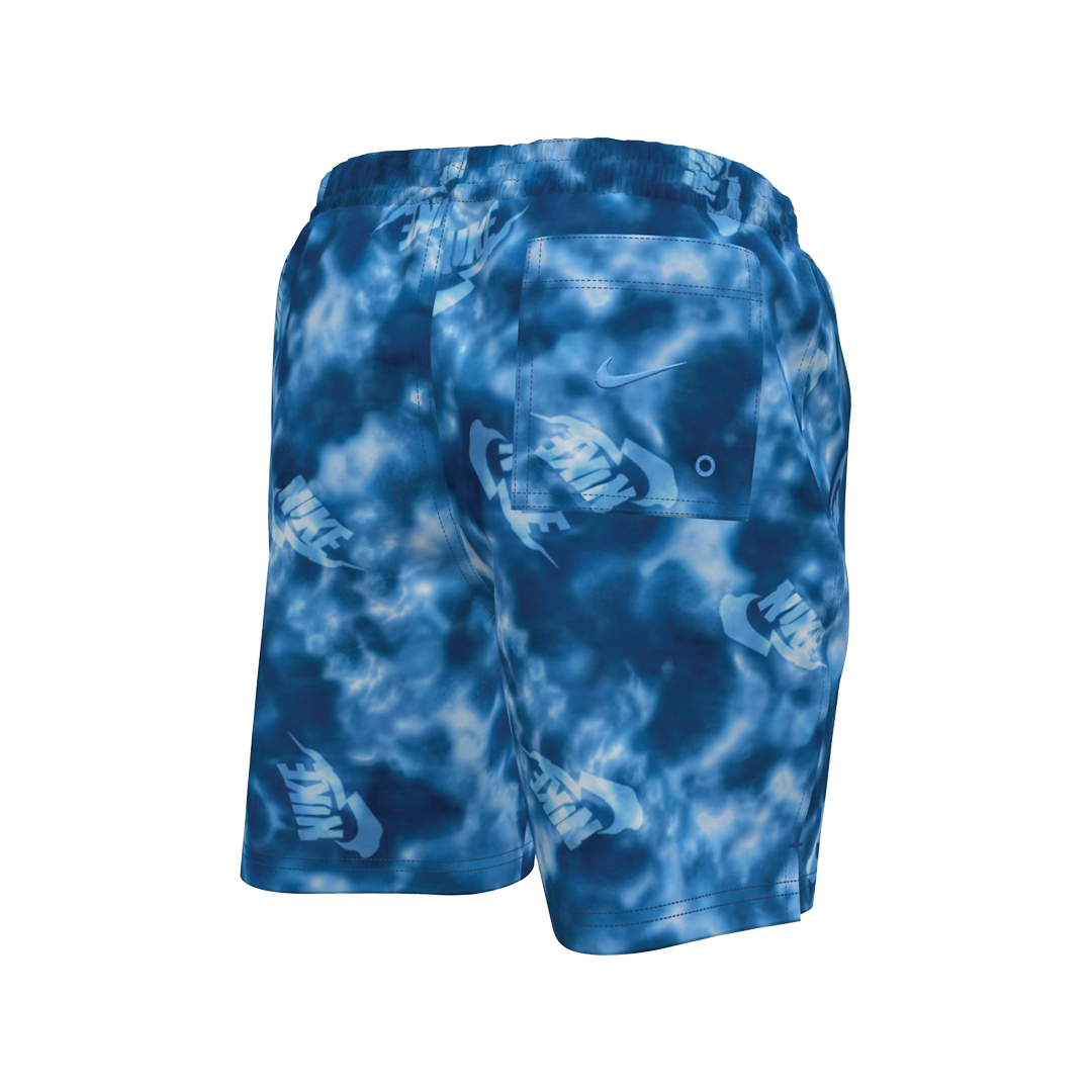 Blue tie-dye shorts with a brand logo on a white background