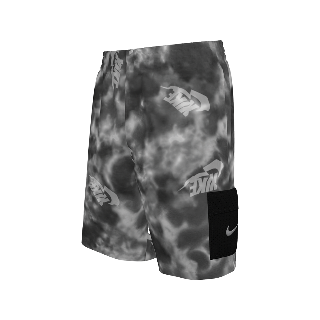 Black and gray patterned shorts with Nike logo on a white background
