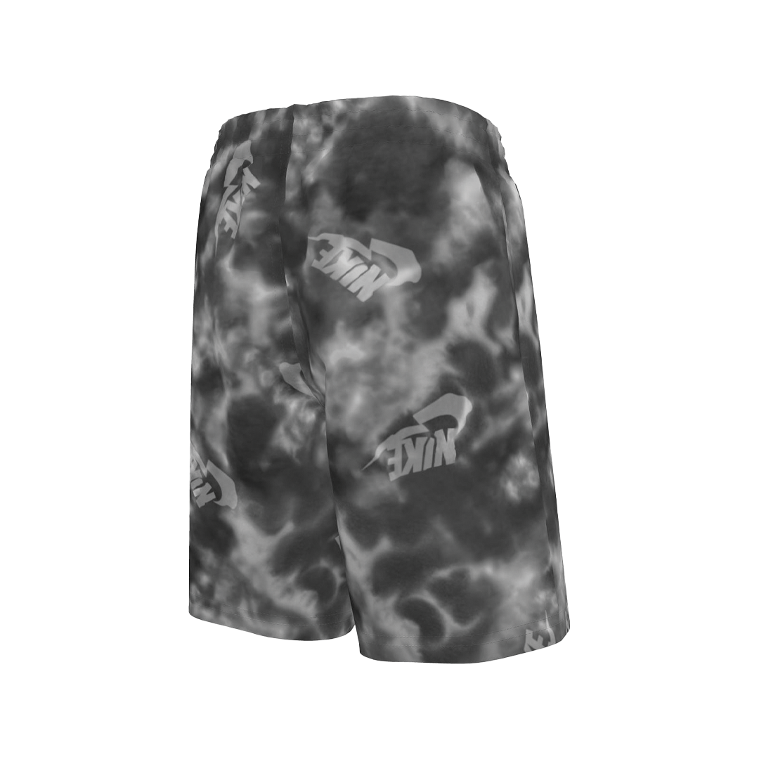 Gray tie-dye shorts with Nike logo on a white background
