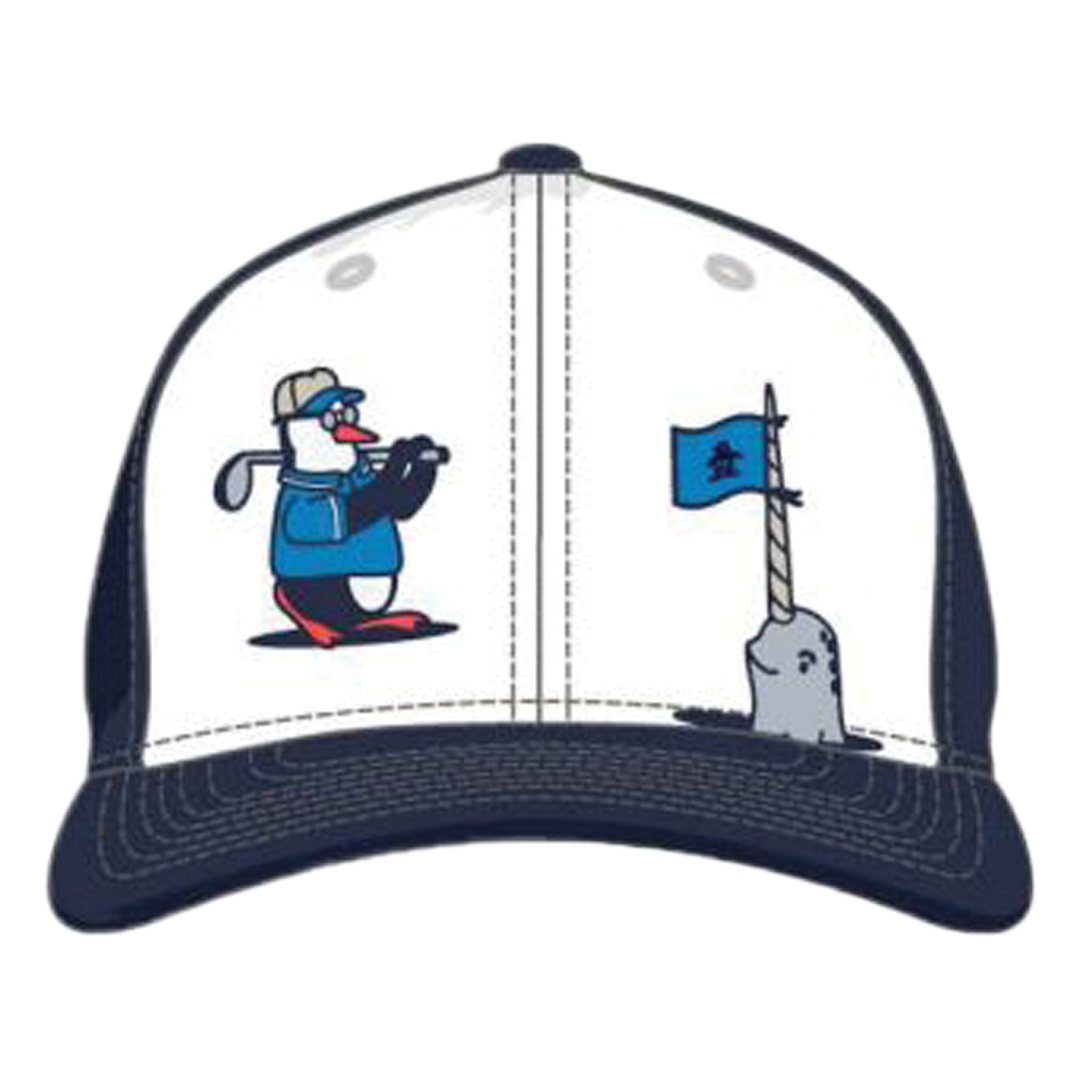 Trucker hat with cartoon character and golfing scene on a white background