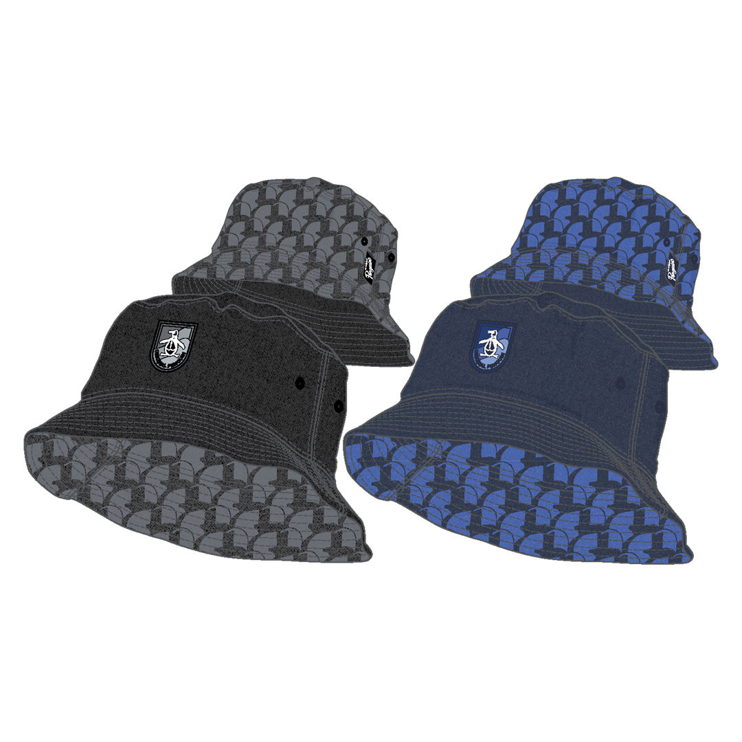 Four bucket hats in black, gray, blue, and multicolor patterns on a white background.
