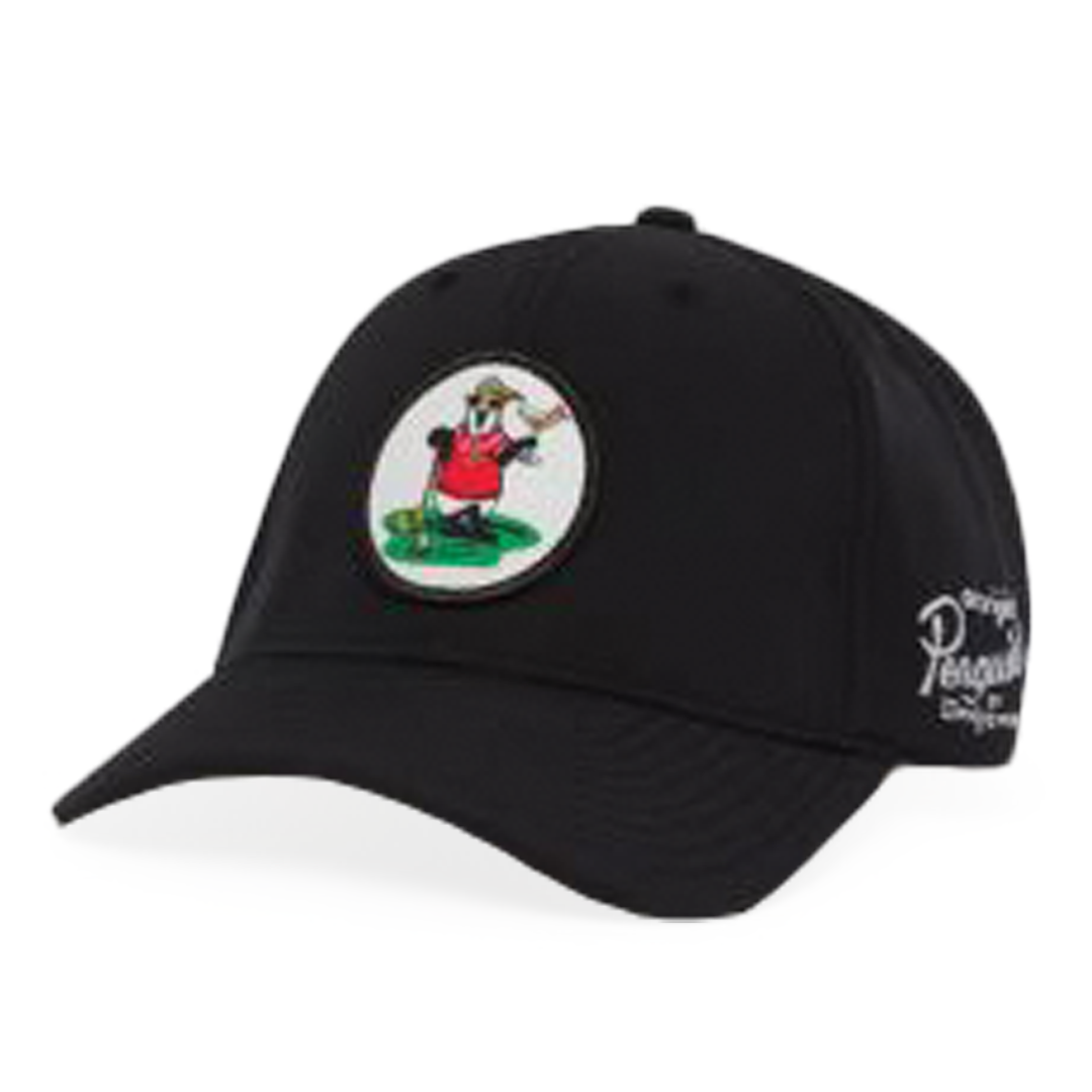 Black cap with a logo on a white background