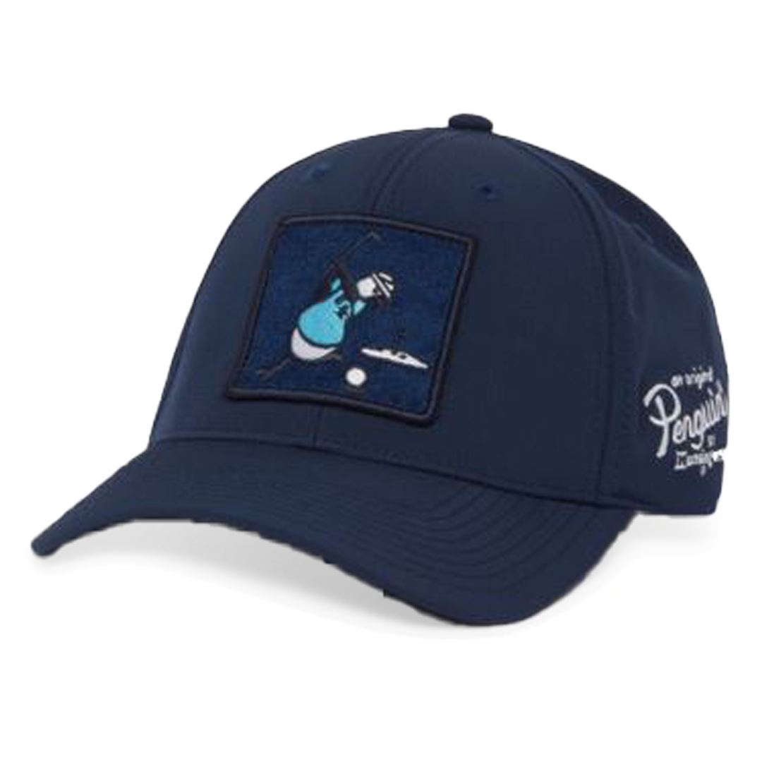 Navy blue cap with a logo patch on a white background