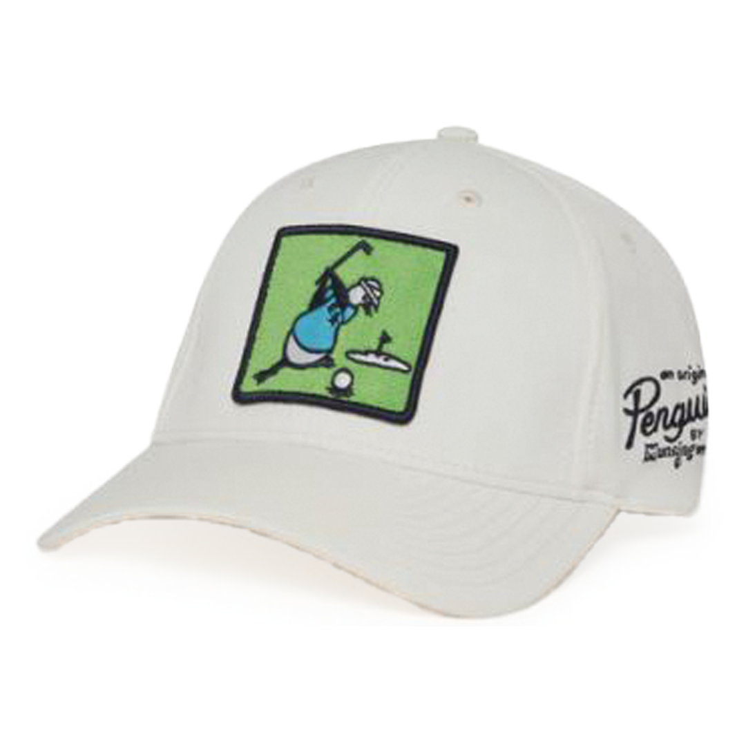 White cap with a green logo featuring a golfer and &#39;Penguin&#39; branding on a white background