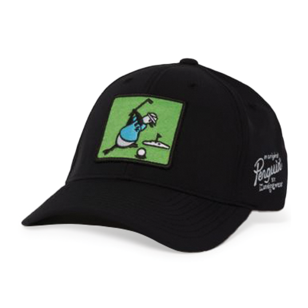Black cap with a golf-themed logo on a white background