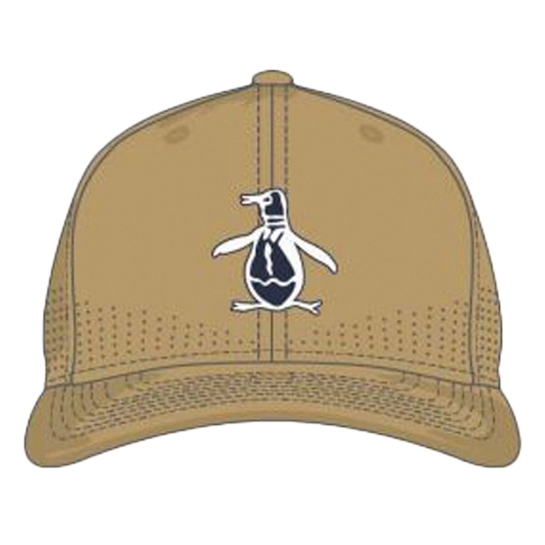 Beige cap with a penguin logo on a white background