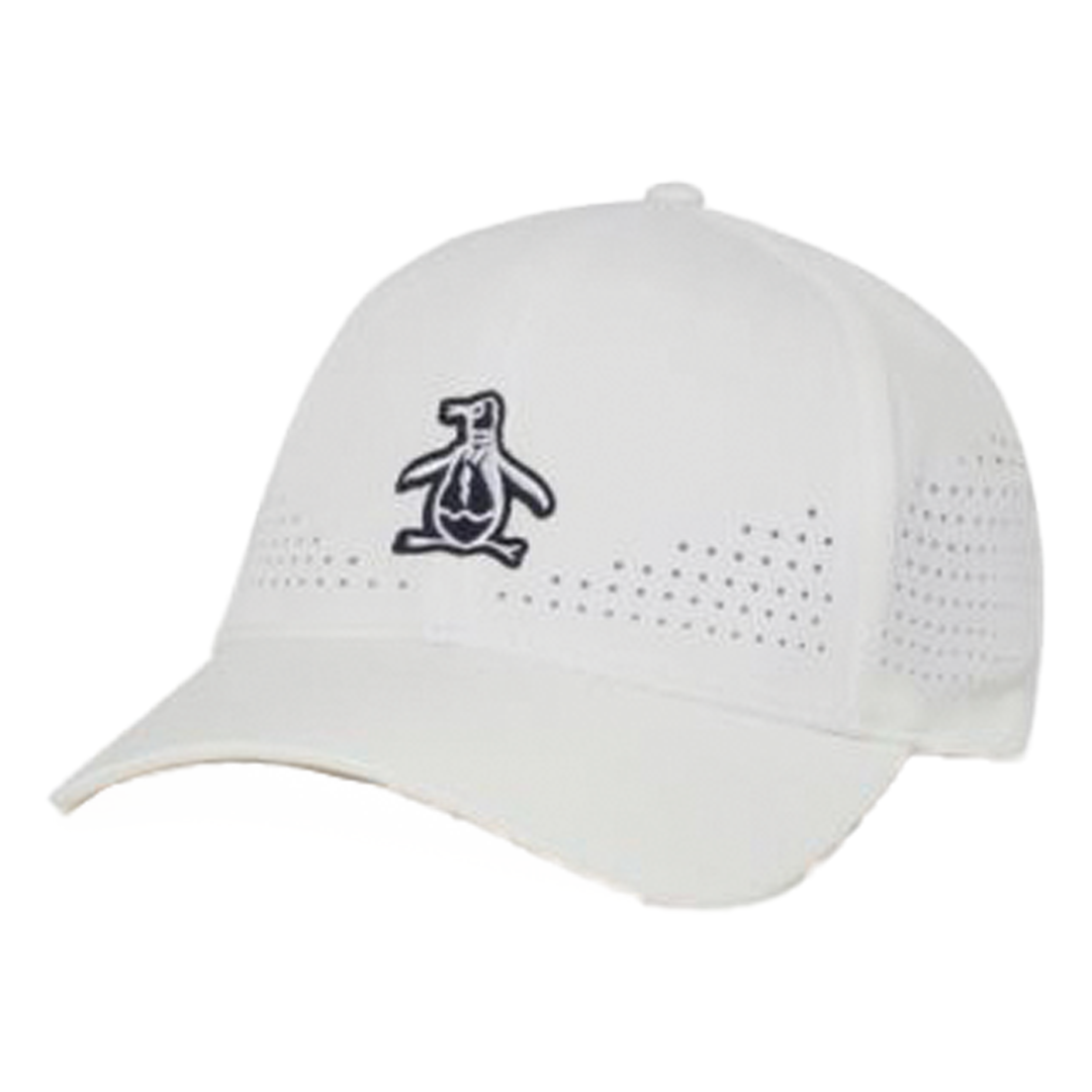 White cap with a small logo on a white background