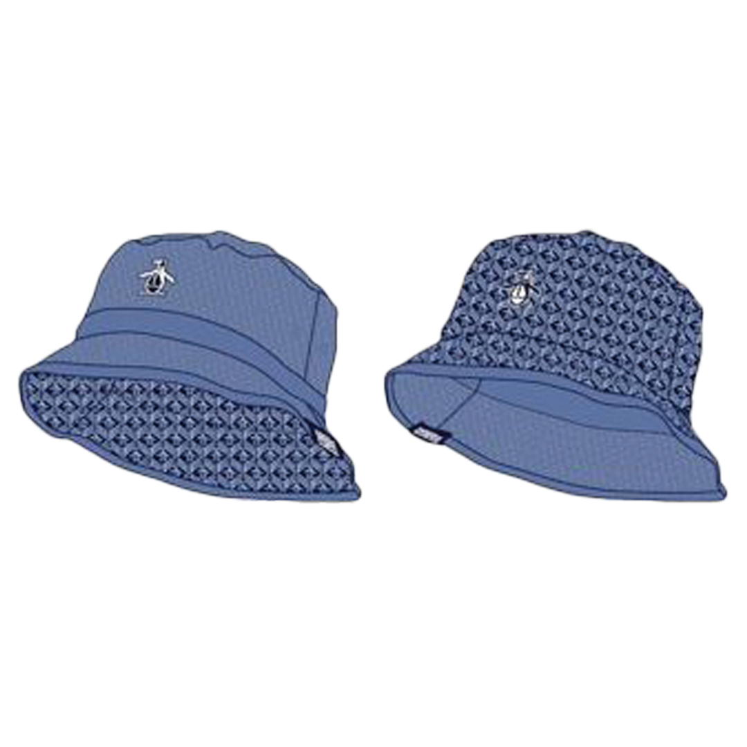 Two blue bucket hats with textured brims on a white background