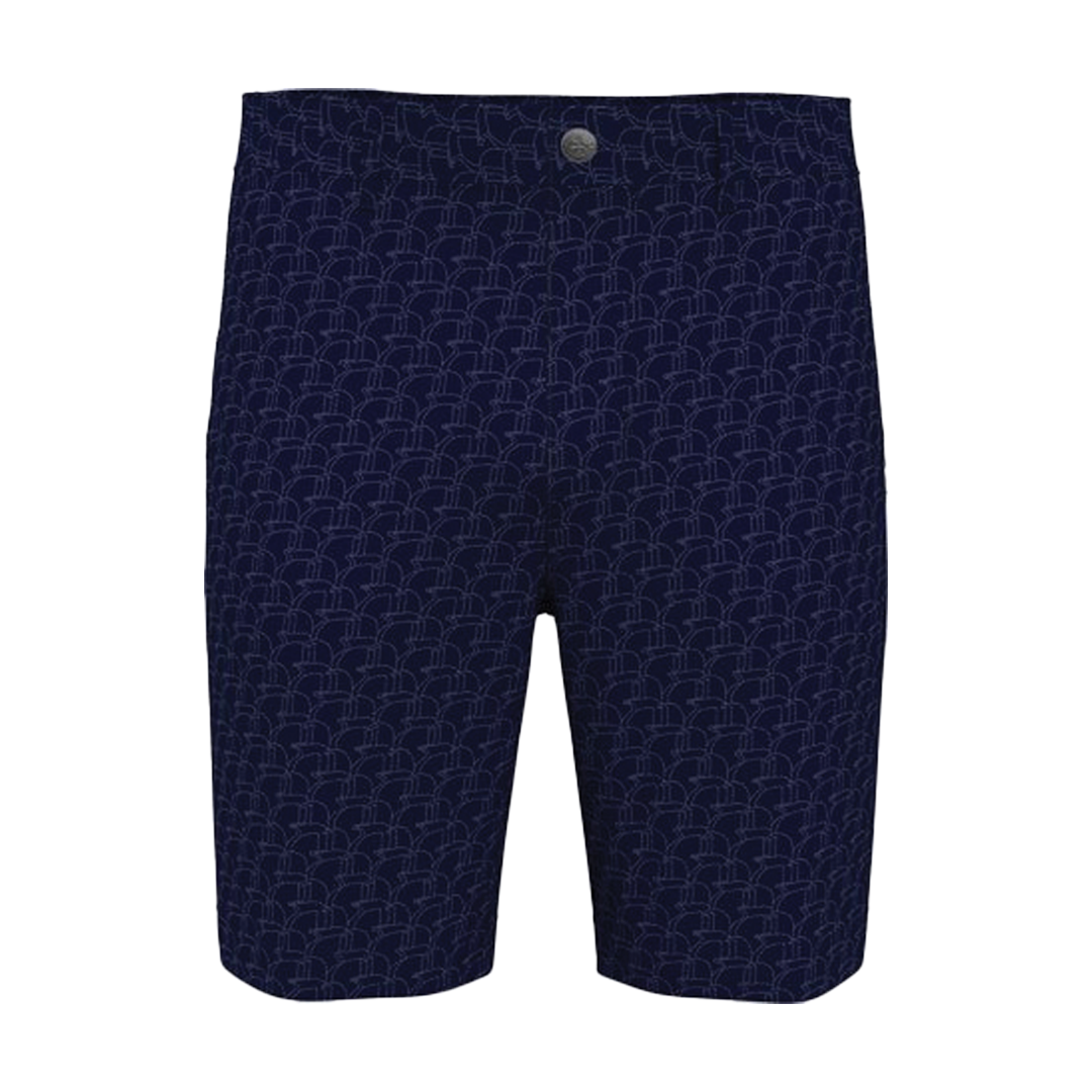 Navy blue shorts with a subtle pattern on a white background