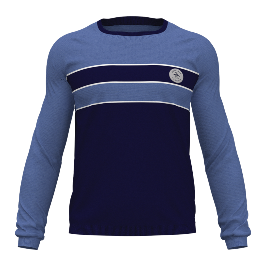 Blue long-sleeve shirt with a navy stripe on a white background