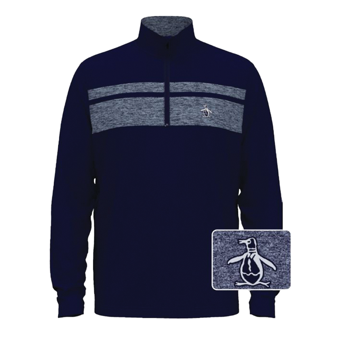 Navy blue sweater with gray accents and a small logo on a white background