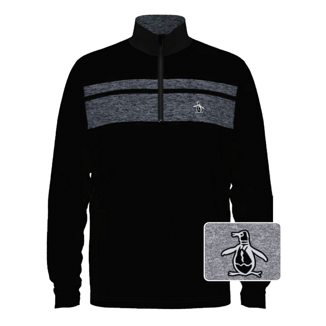 Navy blue sweater with gray accents and a small logo on a white background