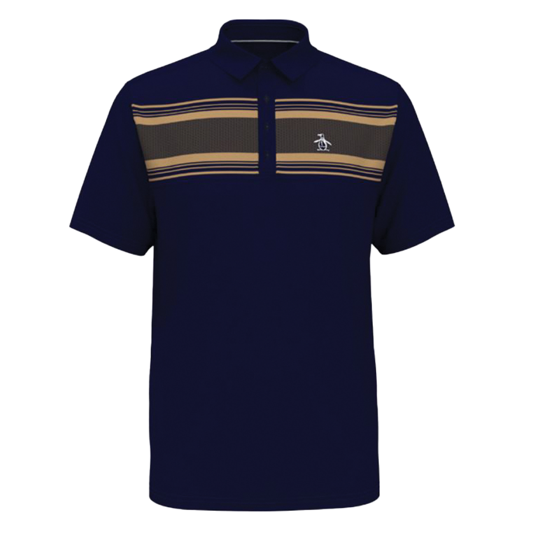 Navy blue polo shirt with striped pattern on a white background