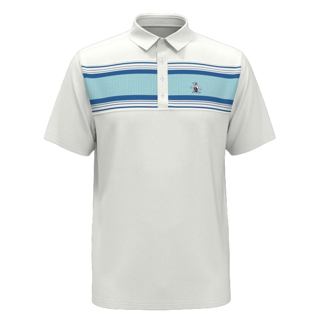 White polo shirt with blue and light blue striped collar on a white background