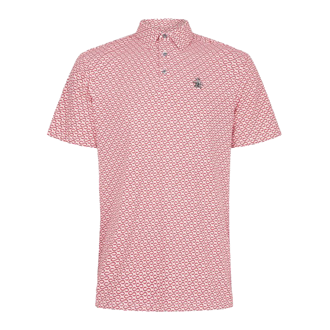 Pink patterned polo shirt on a white background