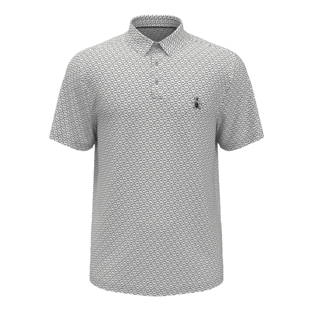 Gray patterned polo shirt with a small logo on a white background