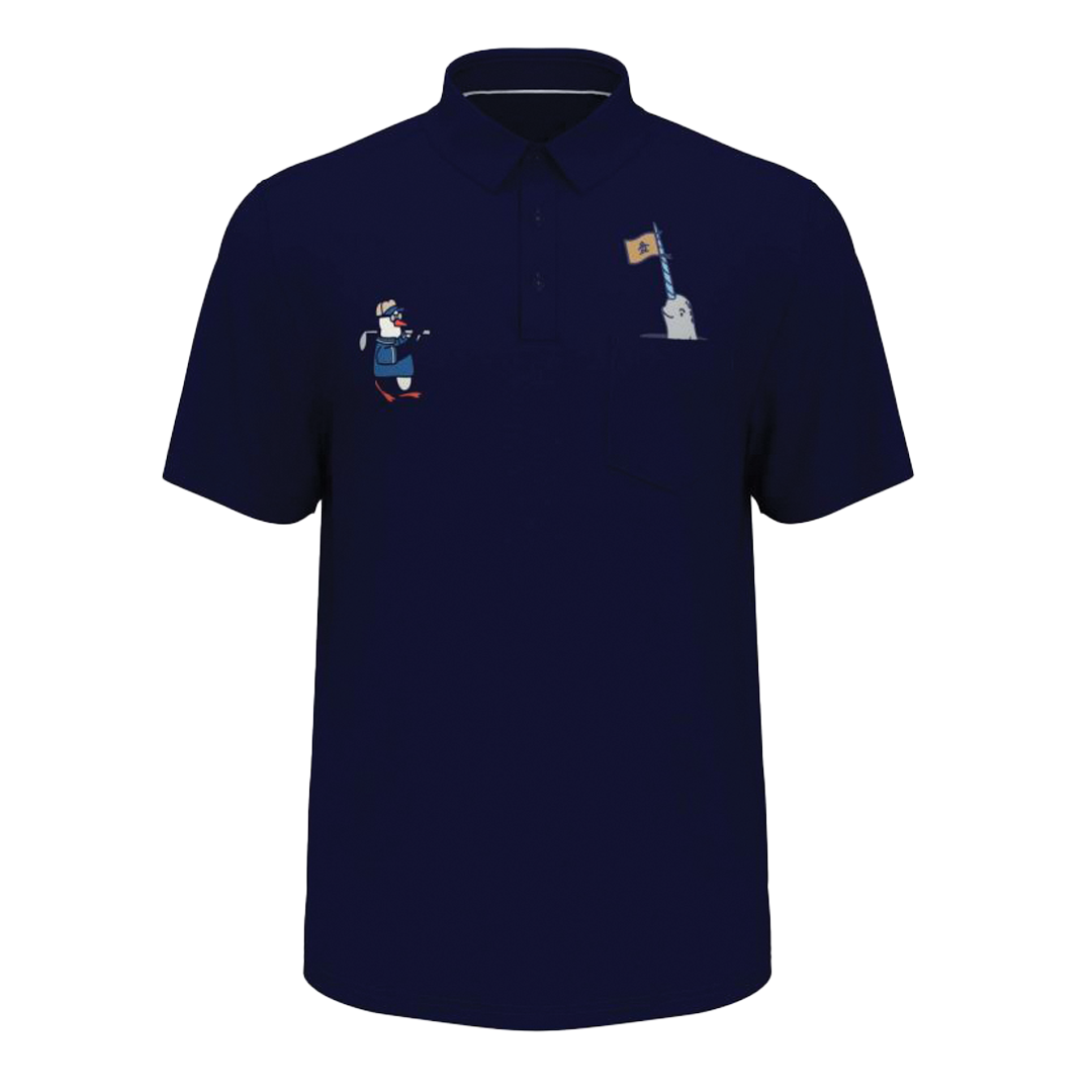 White polo shirt with embroidered designs on a white background