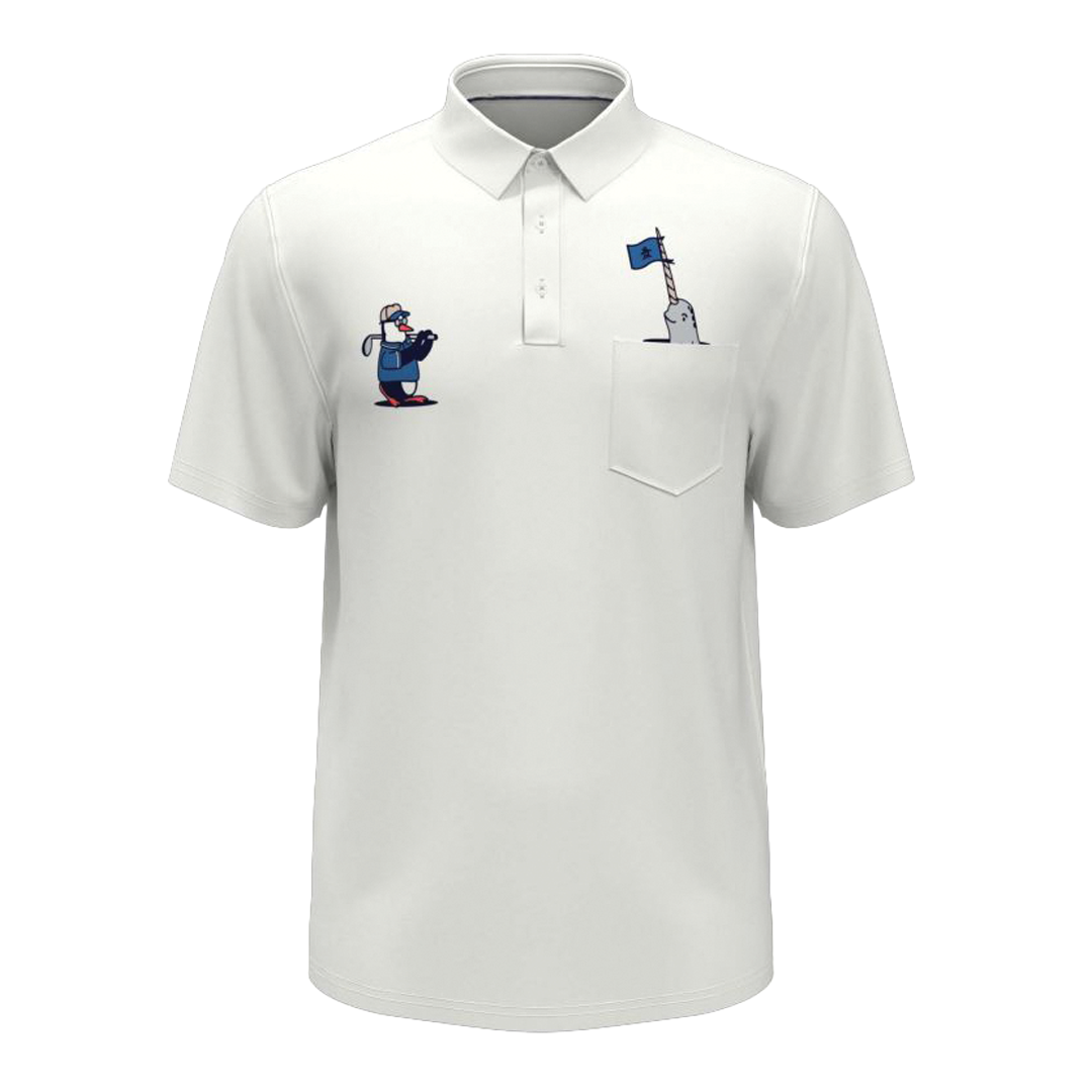 White polo shirt with embroidered designs on a white background