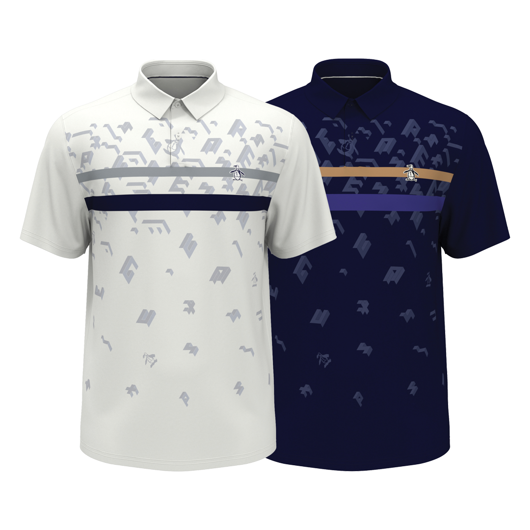 Two polo shirts, one white and one navy, with patterns and stripes on a white background.
