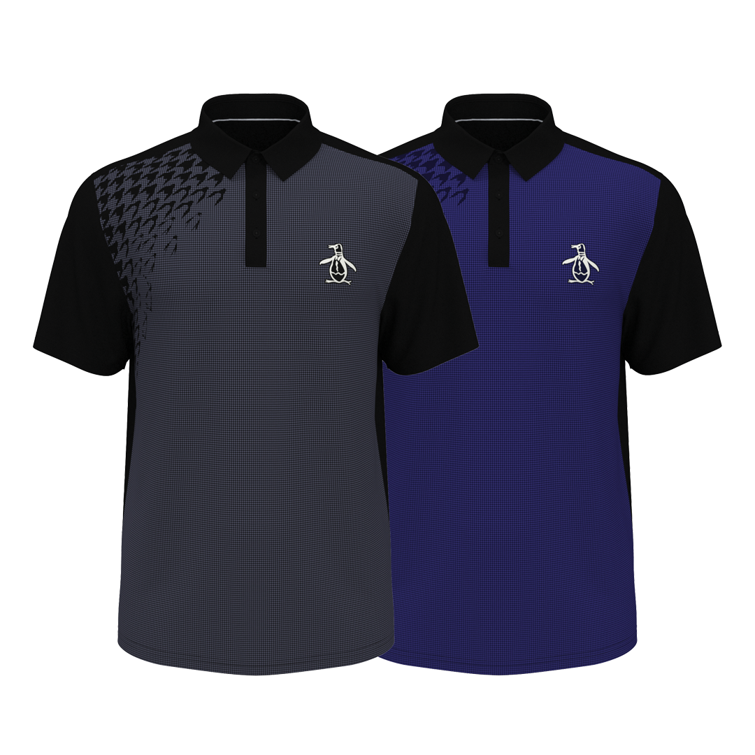 Two polo shirts, one black and one blue, with a logo on a white background
