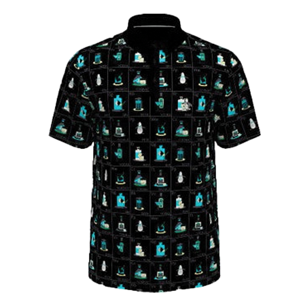 Short-sleeve shirt with a pattern of small illustrations on a white background